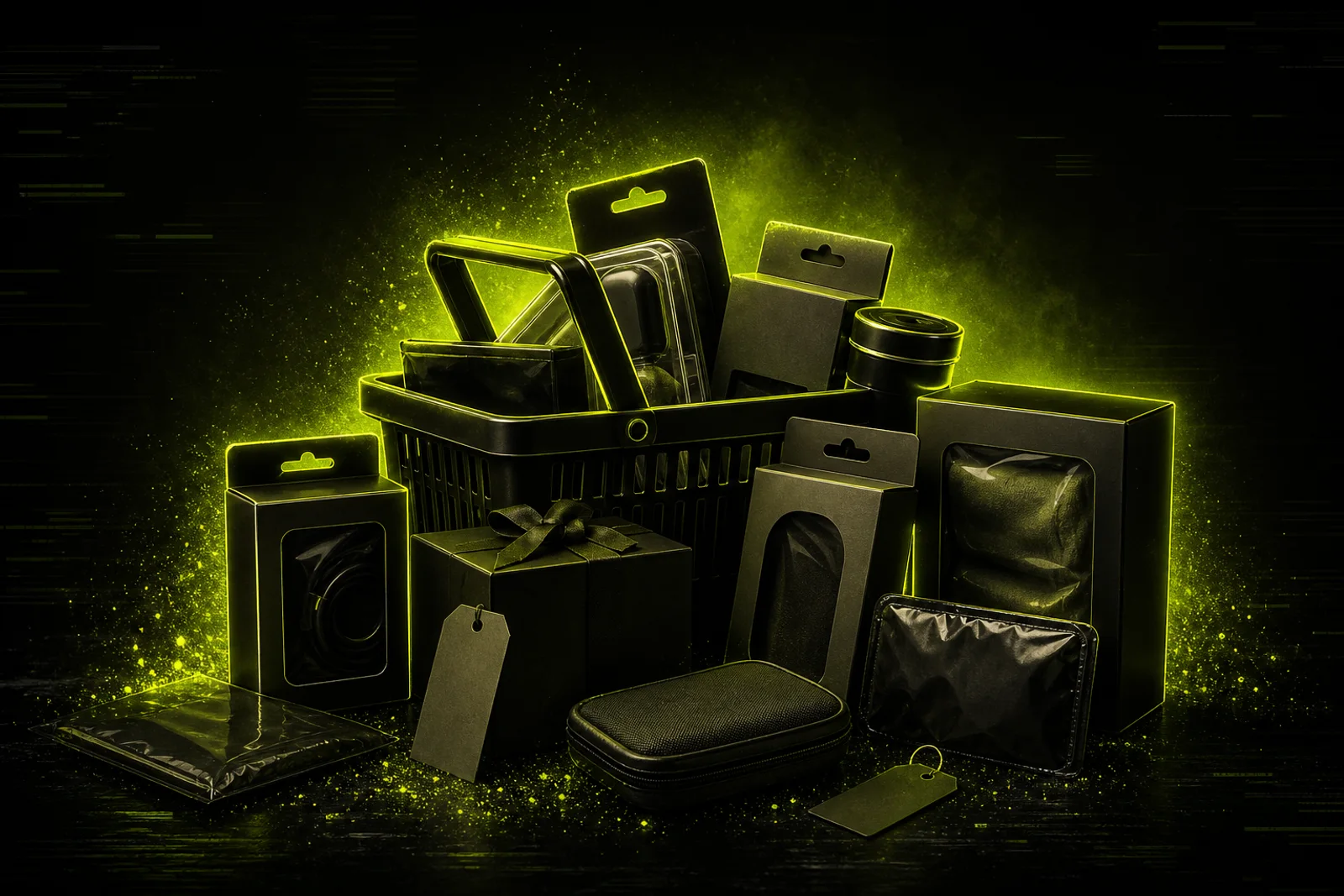 Neon-lit retail bargains assortment